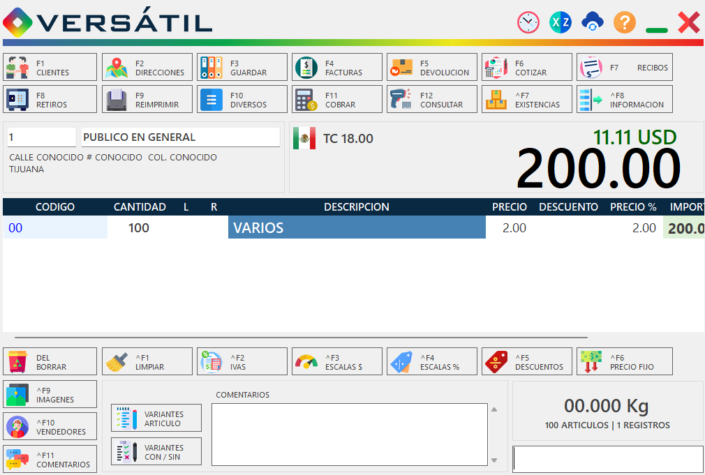 Pantalla de venta de Versátil Punto de Venta con total en pesos y dólares y atajos de teclado